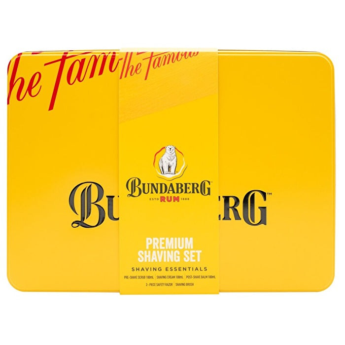 Bundaberg Rum Premium Shaving Set - Embossed Tin Shaving Cream Pre-shave Scrub Post-shave Balm Two-piece Safety Razor (inc Razor Blade) & Soft Bristle Shaving Brush 100ml