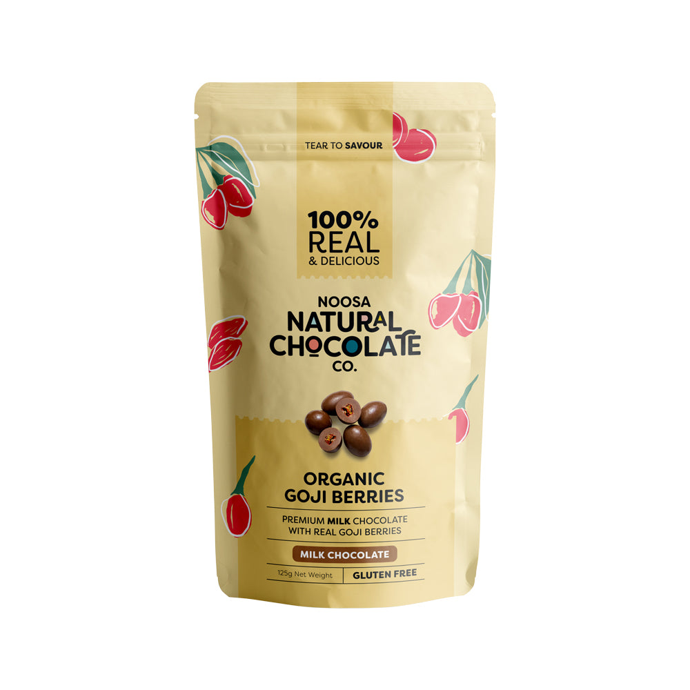 Chocolate con leche orgánico con bayas de goji de Noosa Natural Chocolate Co. 125 g