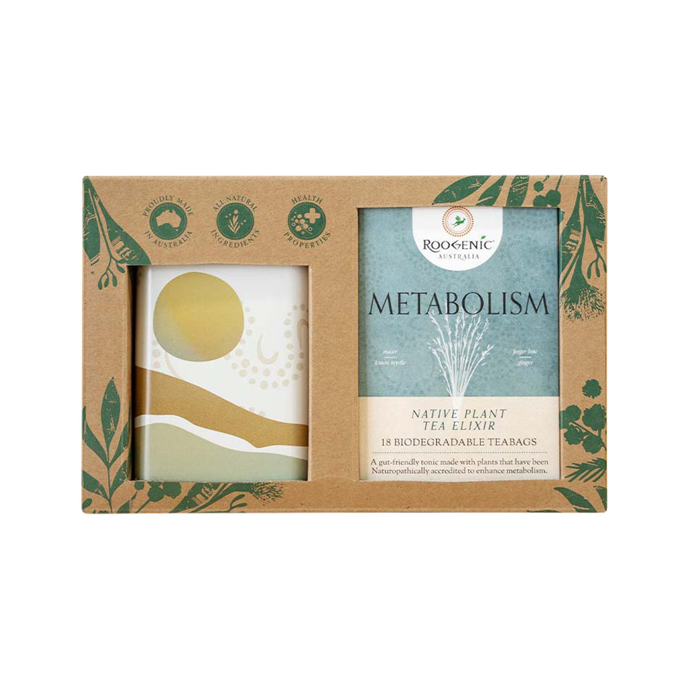 Caja de regalo Metabolism de Roogenic Australia (elixir de té de plantas nativas) x 18 bolsitas de té con lata de bienestar
