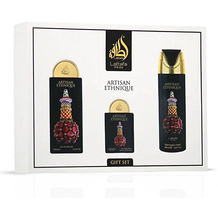 Lattafa Perfumes Artisan Ethnique Gift Set Eau De Parfum 100ml Deospray 200ml And Eau De Parfum 20ml 100ml