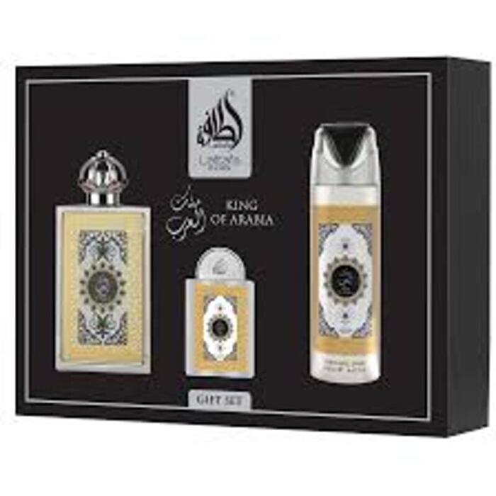 Lattafa Perfumes King Of Arabia Gift Set Eau De Parfum 100ml Deospray 200ml And Eau De Parfum 20ml 100ml