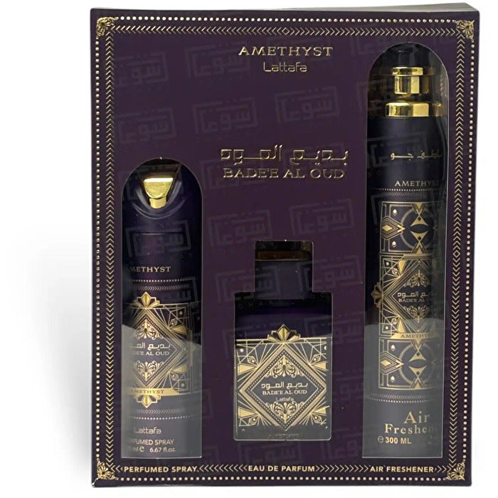 Lattafa Perfumes Bade'e Al Oud Amethyst Dárková Sada Eau De Parfum 100ml Deospray 200ml A Air Freshener 300ml 100ml
