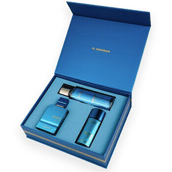 Al Haramain Amber Oud Aqua Dubai Gift Set Extrait De Parfum 75ml Extrait De Parfum 30ml And Body Veil 250ml 75ml