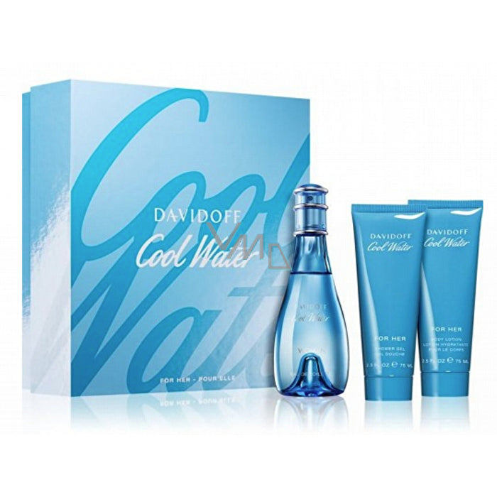 Davidoff Cool Water Woman 3pc Set Eau De Toilette Spray & 75ml Body Lotion & 75ml Shower Gel 100ml