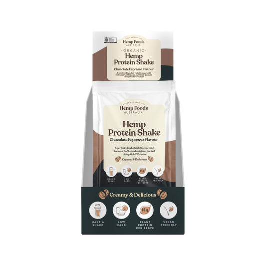 Batido de proteína de cáñamo de Hemp Foods Australia, sobre de chocolate y espresso, 35 g, 7 unidades