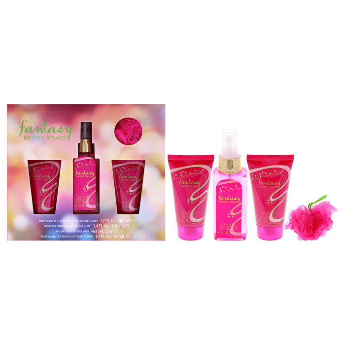 Britney Spears Fantasy 4pc Set - Body Souffle & Hair Mist 100ml & Body Wash & Bath Pouf 50ml