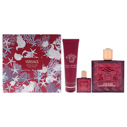 Versace Eros Flame 3pc Set - Eau De Parfum & Bath & Shower Gel 150ml & Eau De Parfum Mini 100ml