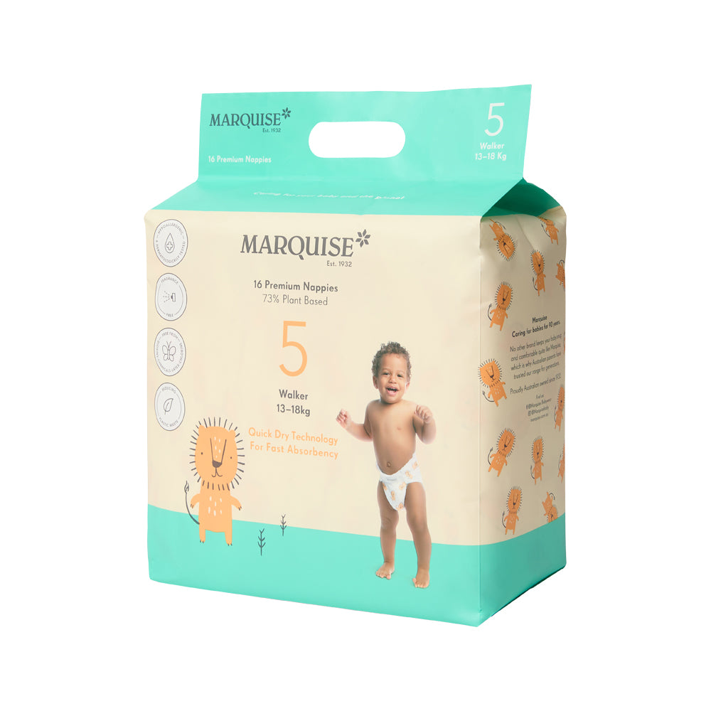 Pañales premium Marquise (73 % de origen vegetal) Walker tamaño 5 (13-18 kg) x paquete de 16