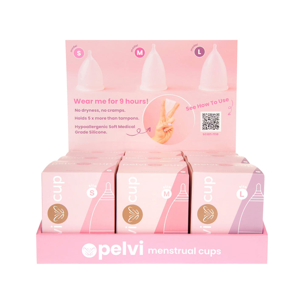 Pelvi Menstrual Cup Mixed Sizes x 9 Display (contains: 3 of each size)