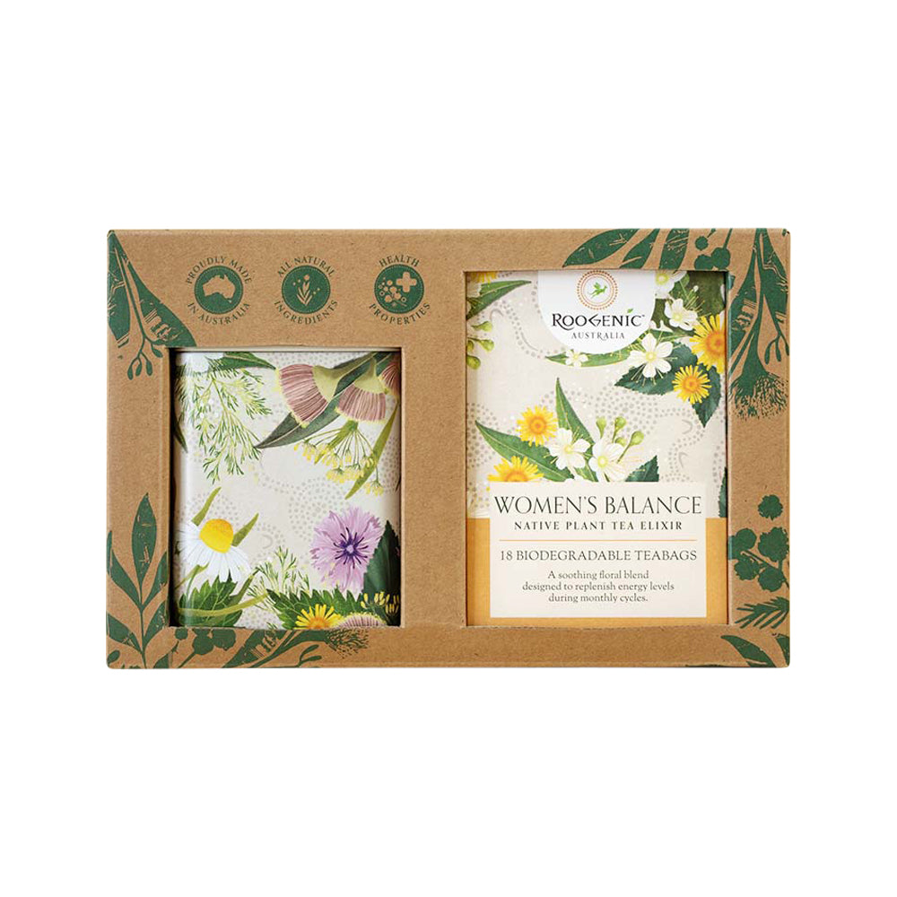 Caja de regalo Roogenic Australia Women's Balance (elixir de té de plantas nativas) x 18 bolsitas de té con lata para mujeres